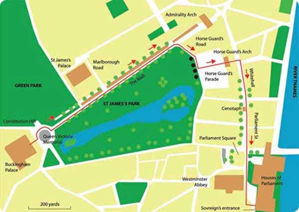 The Royal Route from Buckingham Palace to the Palace of Westminster